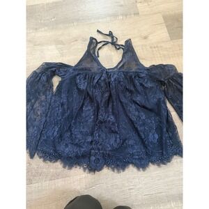 Shyanne Navy Blue Lace Cold-Shoulder Top - Boho Western - Size M